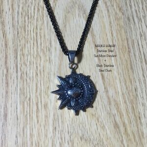 Sun Moon Stars Stainless Steel Enamel Textured Pendant + Black Wheat Link Chain